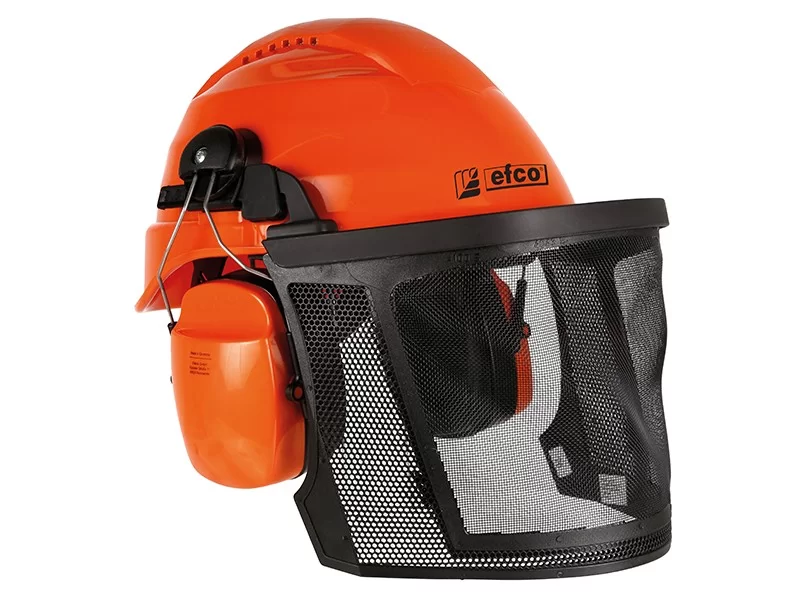 EFCO helmet with noise-canceling headphones and visor