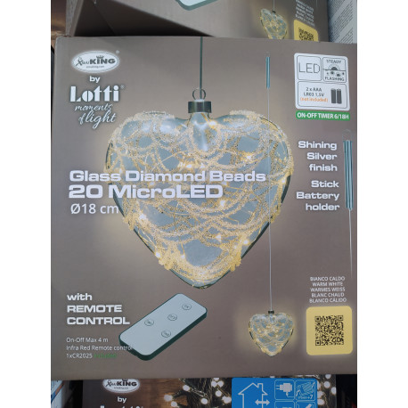 Decorated glass heart d.18cm warm white microled battery-operated