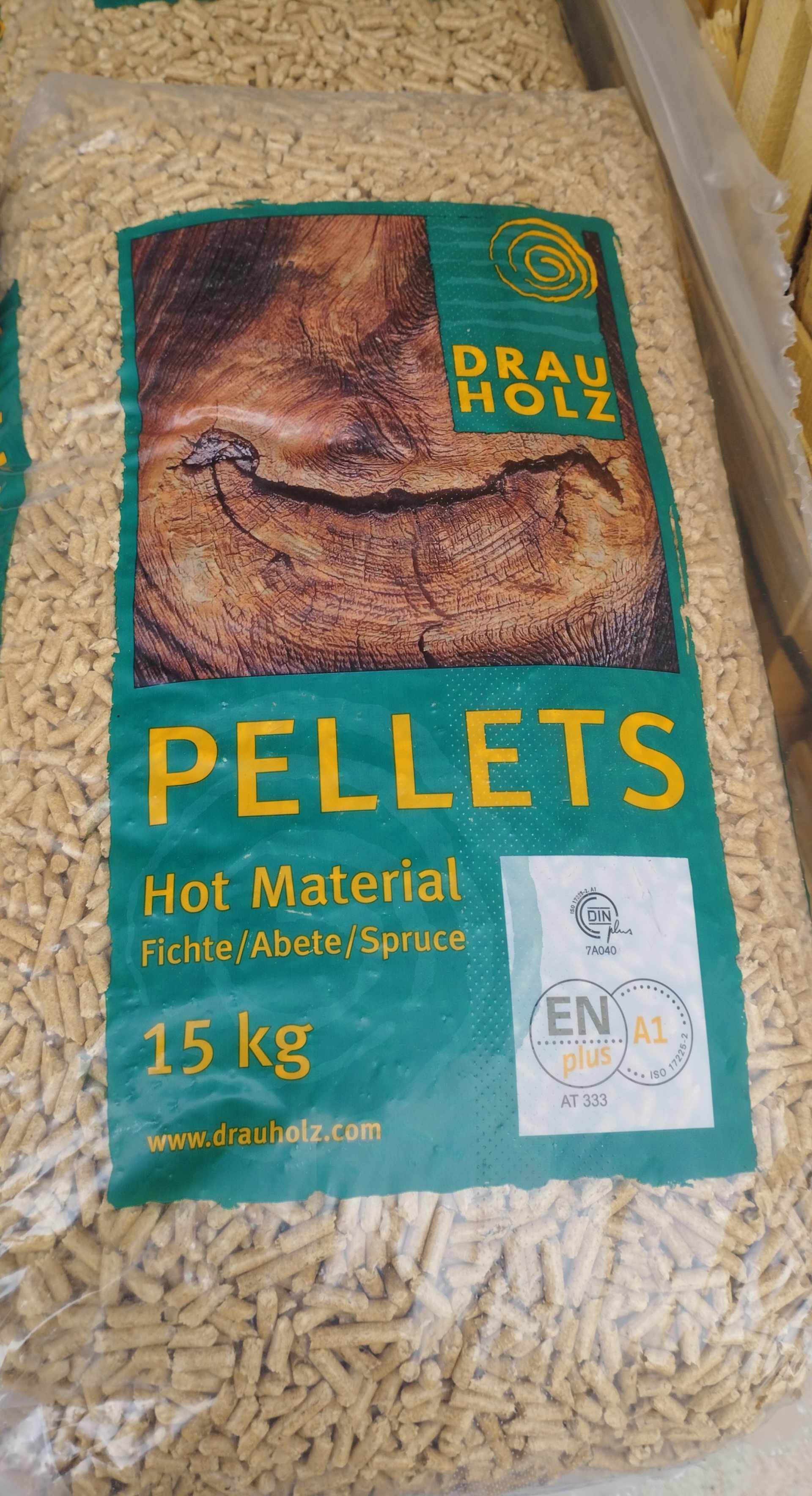 Pellet DRAUHOLZ 15KG, abete CERTIFICATO DIN PLUS 51731 E ENPLUS A1 AT33