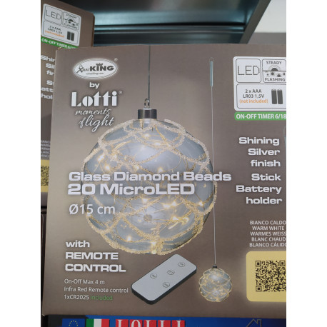 Decorated glass sphere d.15cm warm white microled battery-operated